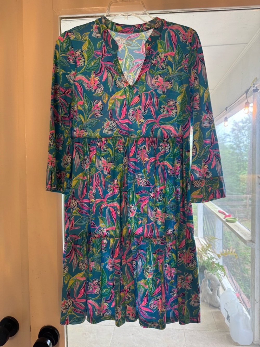 Teal Floral V-Neck Tiered Dress with Pink & Green Print